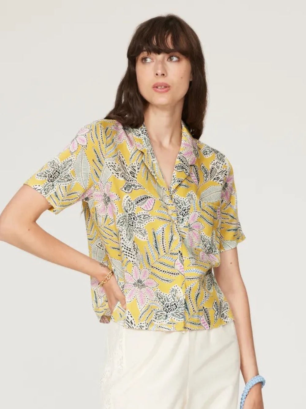 MARINE LAYER Bamboo Floral Lucy Resort Shirt Yellow Women‎ Size S
